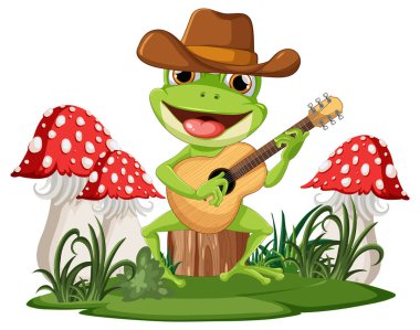 Kırmızı mantarların yanında gitarı olan çizgi film kurbağası.