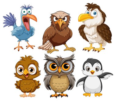 Çeşitli ifadeler gösteren beş farklı karikatür kuşu.
