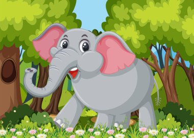 Canlı orman çiçeklerinin arasında mutlu bir fil.