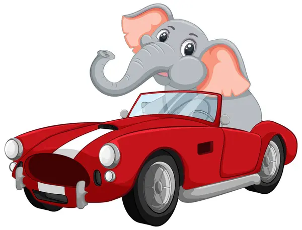 Cartoon Elephant Joyfully Driving Vintage Sports Car Stock Vector