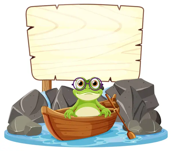 Cartoon Frog Rowing Small Wooden Boat Stock Illustration