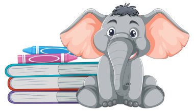 Kitapların arkasında oturan sevimli karikatür fili.