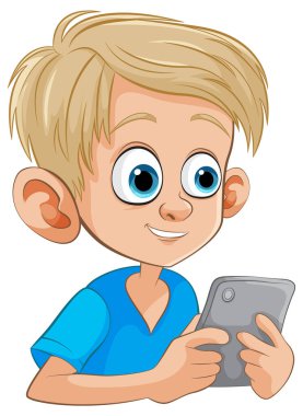 Tablet kullanan, gülümseyen bir çocuk karikatürü.