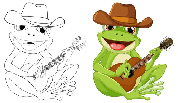Cartoon Frog Playing Guitar Wearing Cowboy Hat Vector Graphics