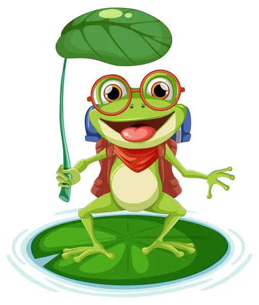 Colorful Frog Holding Leaf Umbrella Standing Water Royalty Free Stock Illustrations