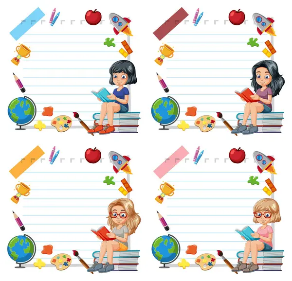 Four Kids Reading Books Surrounded School Supplies Stock Illustration