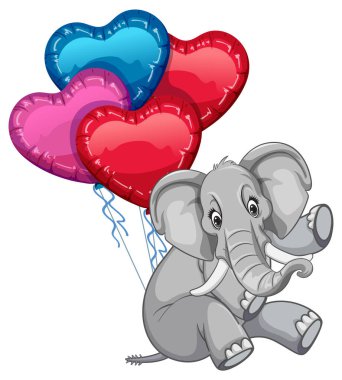 Canlı kalp şeklinde balonlar tutan sevimli bir fil.
