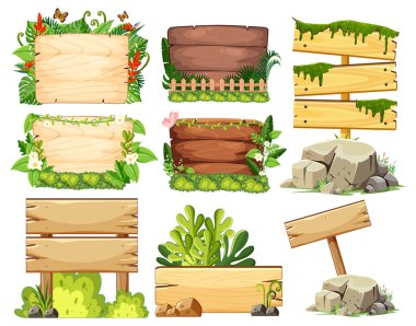 Various wooden signs surrounded by lush greenery clipart