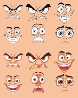 Çeşitli karikatür yüz ifadeleri koleksiyonu.