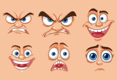 Çeşitli duyguları gösteren altı çizgi film yüzü