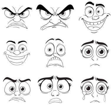 Siyah beyaz dokuz farklı yüz ifadesi.