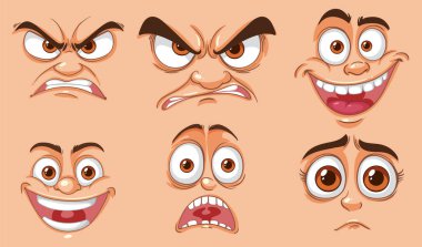 Farklı duygular gösteren altı çizgi film yüzü