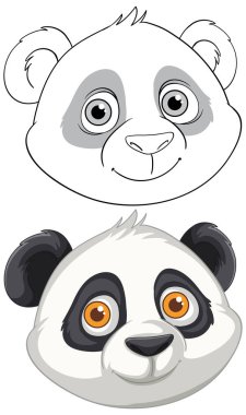 İki sevimli panda yüzü, biri renkli, biri özet.