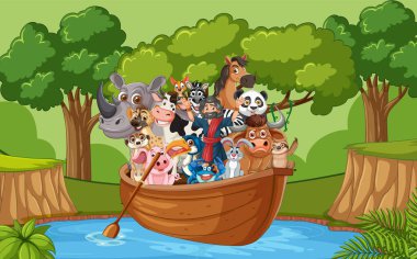 Tahta bir teknede çeşitli hayvanlar.