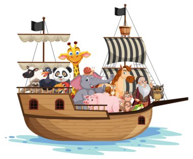 Tahta bir gemide çeşitli hayvanlar.
