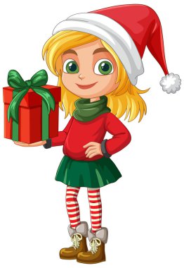 Gülümseyen kız paketlenmiş bir Noel hediyesi tutuyor.