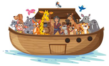 Tahta bir teknede çeşitli hayvanlar.