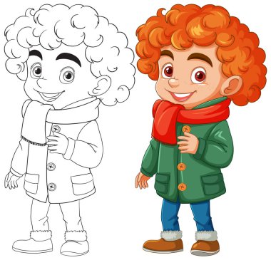Kış kıyafetli, kıvırcık saçlı, gülümseyen çocuk.