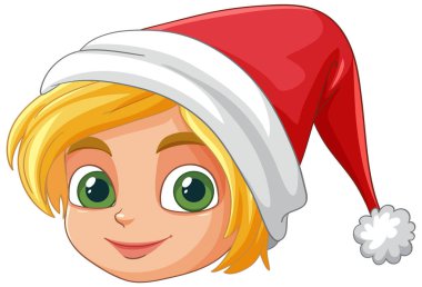 Noel Baba şapkası takan mutlu çocuk.