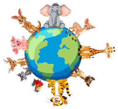 Bir kürenin üzerinde duran çeşitli hayvanlar