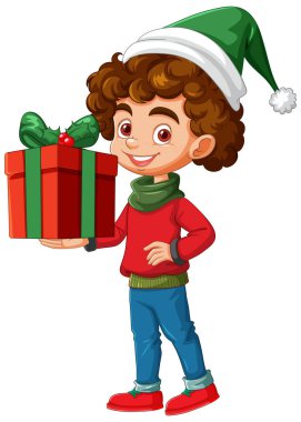 Neşeli bir hediye kutusuyla gülümseyen çocuk.