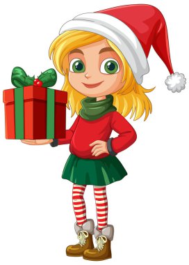 Kız elinde bir Noel hediyesi, mutlu bir şekilde gülümsüyor.