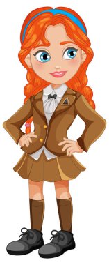 Okul üniformalı kızıl saçlı kız kendine güvenerek gülümsüyor.