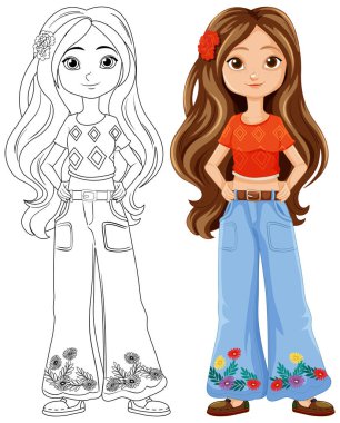 Renkli ve siyah-beyaz hippi kız çizimi