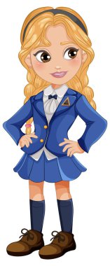 Mavi üniformalı sarışın kız kendinden emin duruyor.