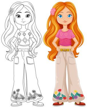 Renkli ve siyah-beyaz hippi kız çizimi