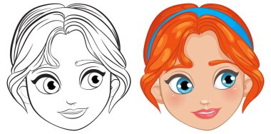 Bir kızın yüzü tasviri, renkli ve özet.