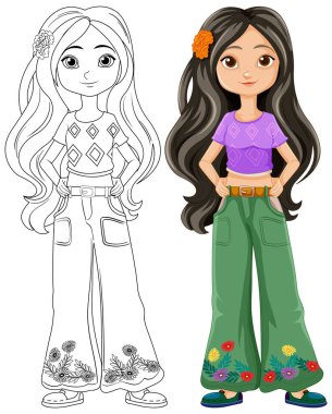 Çiçekli pantolonlu renkli hippi kız.