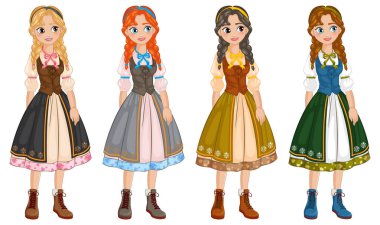 Renkli geleneksel elbiseli dört kadın.