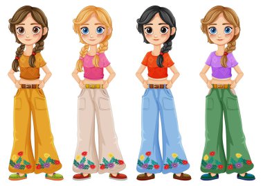 Çiçek desenli renkli elbiseli dört kız.