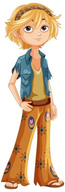 Renkli hippi kıyafetli sarışın çocuk.