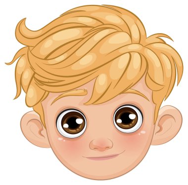 Büyük gözlü, gülümseyen sarışın çocuk.