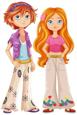 Colorful hippie characters with vibrant clothing clipart