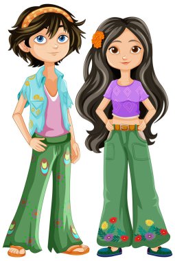 Renkli kıyafetler giymiş iki hippi karakter.