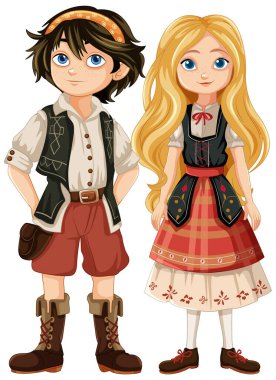 Geleneksel giyinmiş bir kız ve bir erkek figürü.