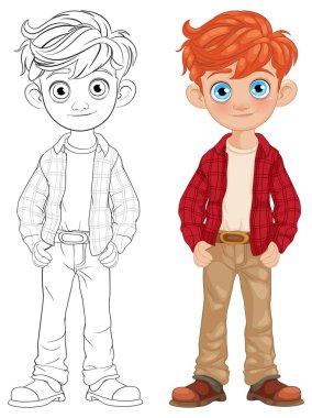 Ekose gömlekli ve kotlu kızıl saçlı çocuk.