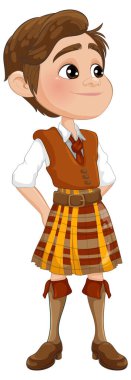 Geleneksel İskoç eteği ve yeleği giyen çocuk