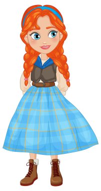 Mavi elbiseli ve örgülü gülümseyen kız.