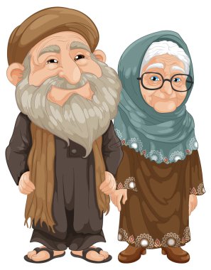 Geleneksel giysiler içinde gülümseyen yaşlı bir çift