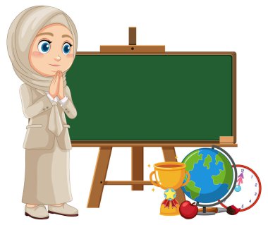 Öğretmen eğitim öğeleriyle tahtada duruyor