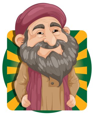 Mutlu, sakallı, yaşlı bir adamın çizgi filmi.