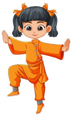 Turuncu elbiseli kız dövüş sanatları pozu veriyor.