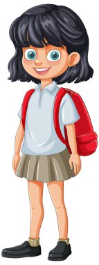 Kırmızı sırt çantalı genç kız okula gitmeye hazır.