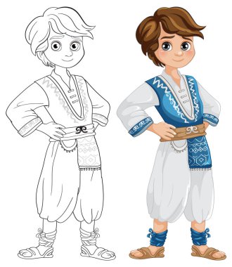 Geleneksel giyinmiş, elleri kalçasında bir çocuk.