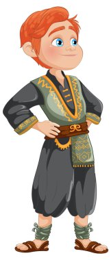 Geleneksel, renkli elbiseli kızıl saçlı çocuk.