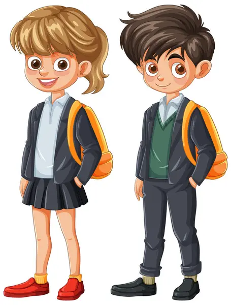 stock vector Two children in school uniforms with backpacks